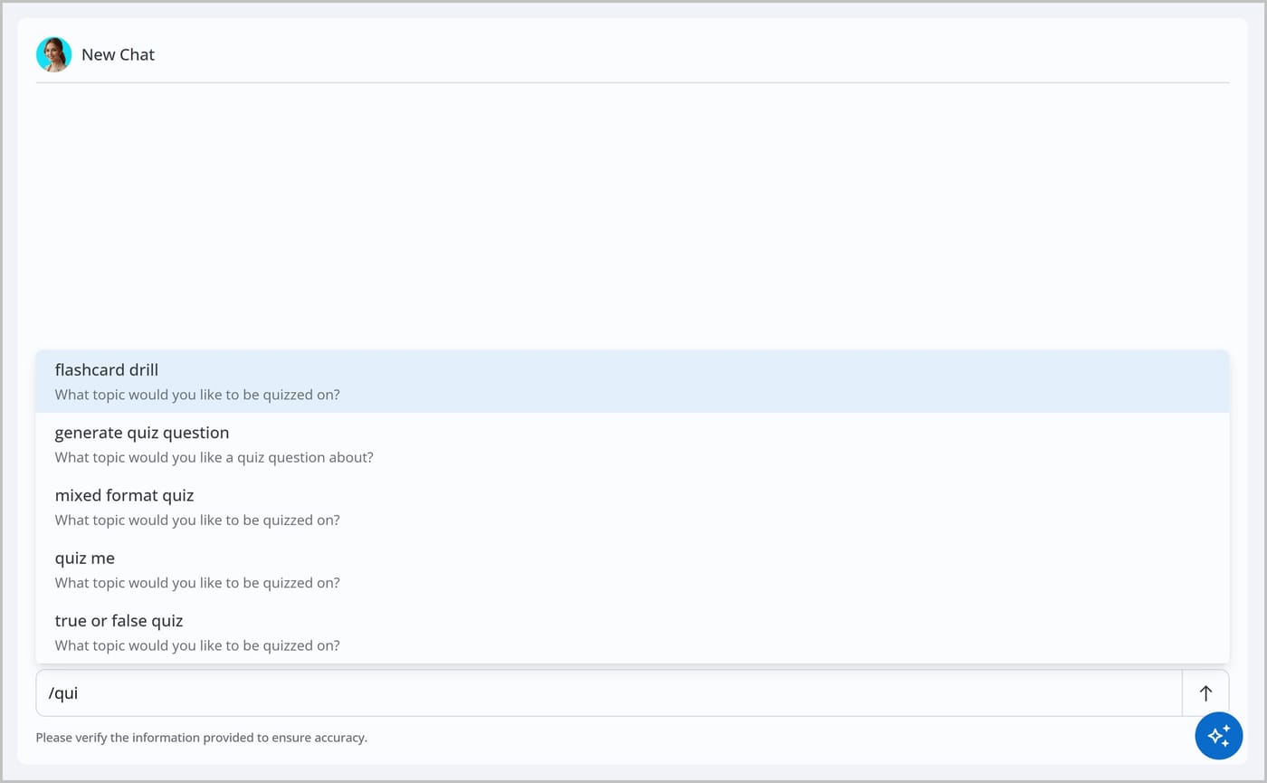A chat in the Knowledge Assistant. A forward slash is typed in the chat bar, followed by the characters q u i. A list shows several commands, including flashcard drill, generate quiz question, and mixed format quiz.