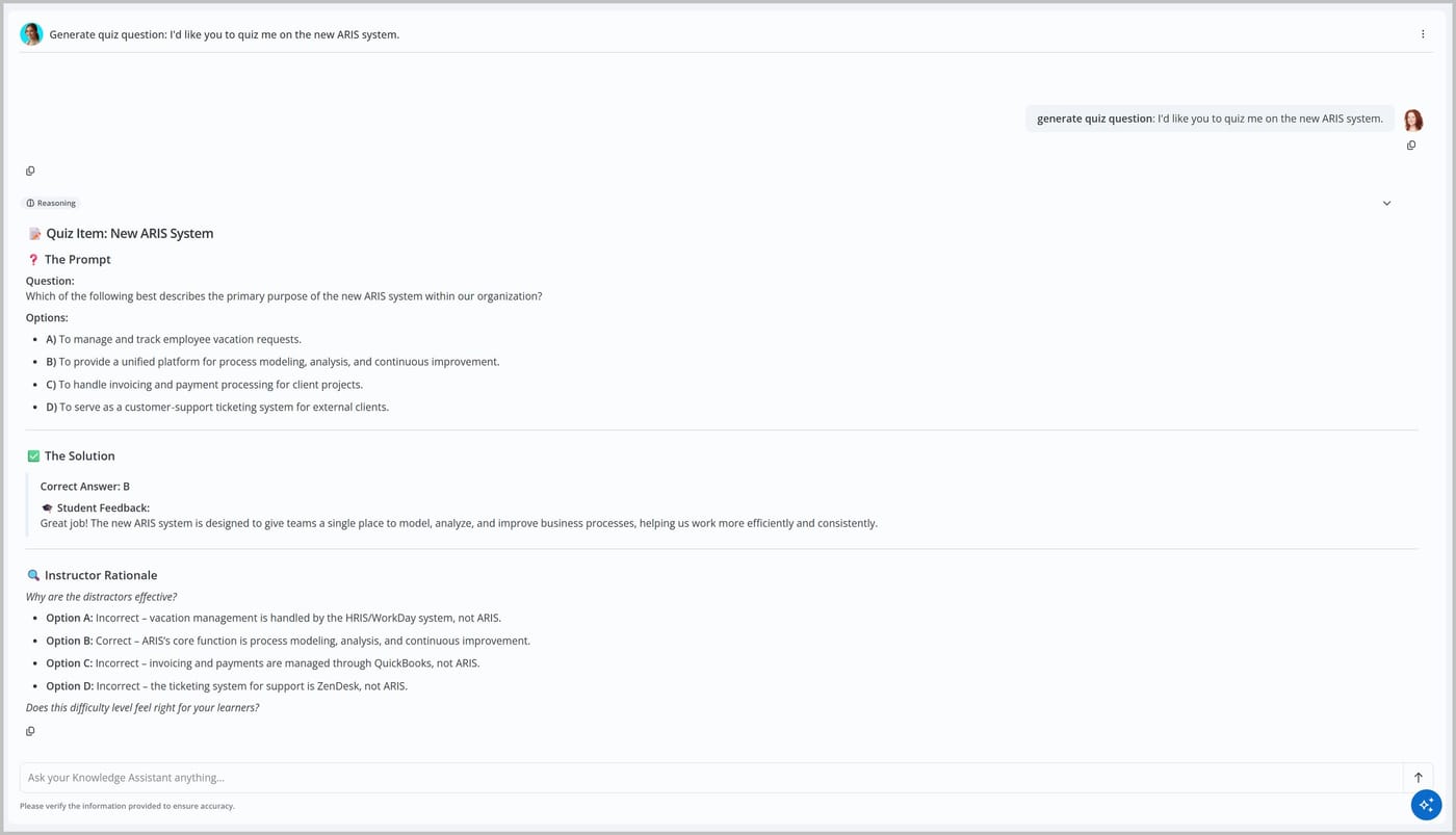 A chat in the Knowledge Assistant. The assistant has generated three sections. The Prompt, which is a multiple choice question. The Solution, which explains the correct answer. The Instructor Rationale, which provides an explanation for each option.