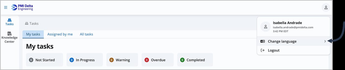A dropdown menu appears when you click the Change language option, showing a list of languages to choose from.