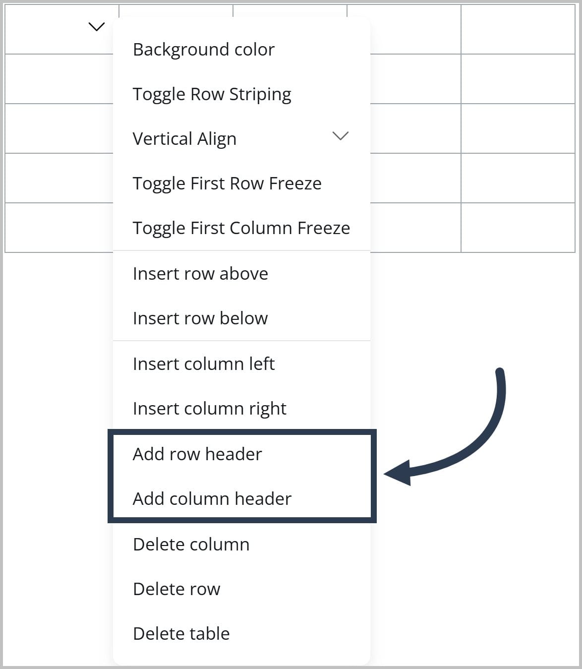 A dropdown menu for a table in the FlexDoc Editor. An arrow is pointing to a box that highlight the options to add a row header and add a column header.