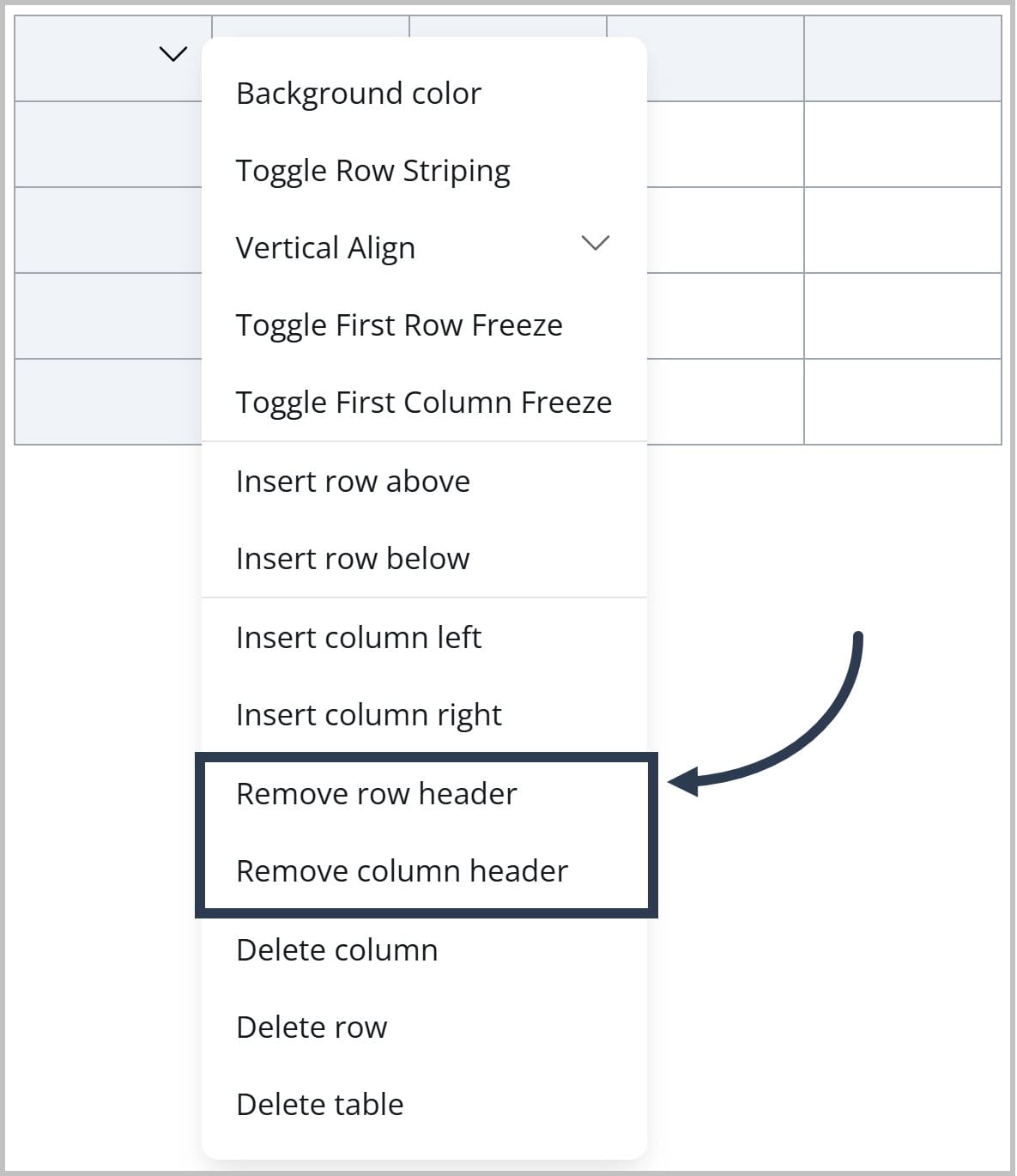 A dropdown menu for a table in the FlexDoc Editor. An arrow is pointing to a box that highlight the options to remove a row header and remove a column header.