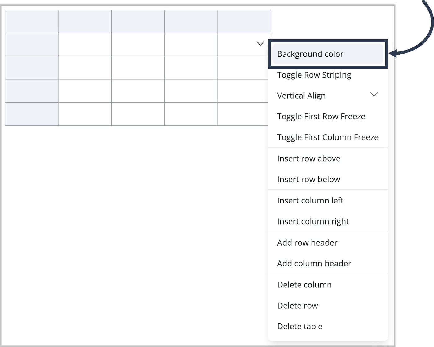 A dropdown menu for a table in the FlexDoc Editor. An arrow is pointing to the box that highlights the Background color option.
