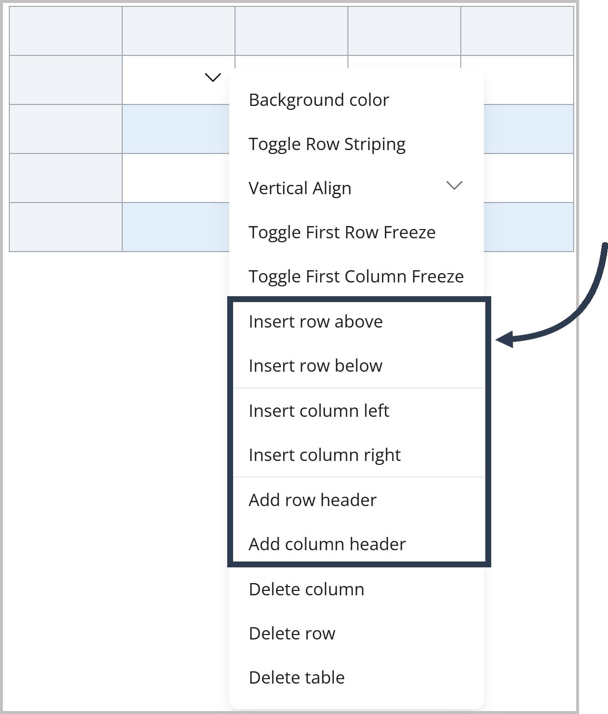A dropdown menu for a table in the FlexDoc Editor. An arrow is pointing to a box that highlights the options to insert rows and columns.