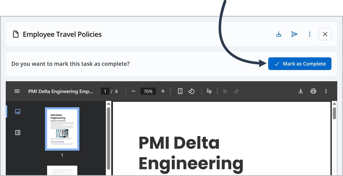 A file called Employee Travel Policies. A banner asks Do you want to mark this task as complete? An arrow is pointing to the Mark as Complete button.