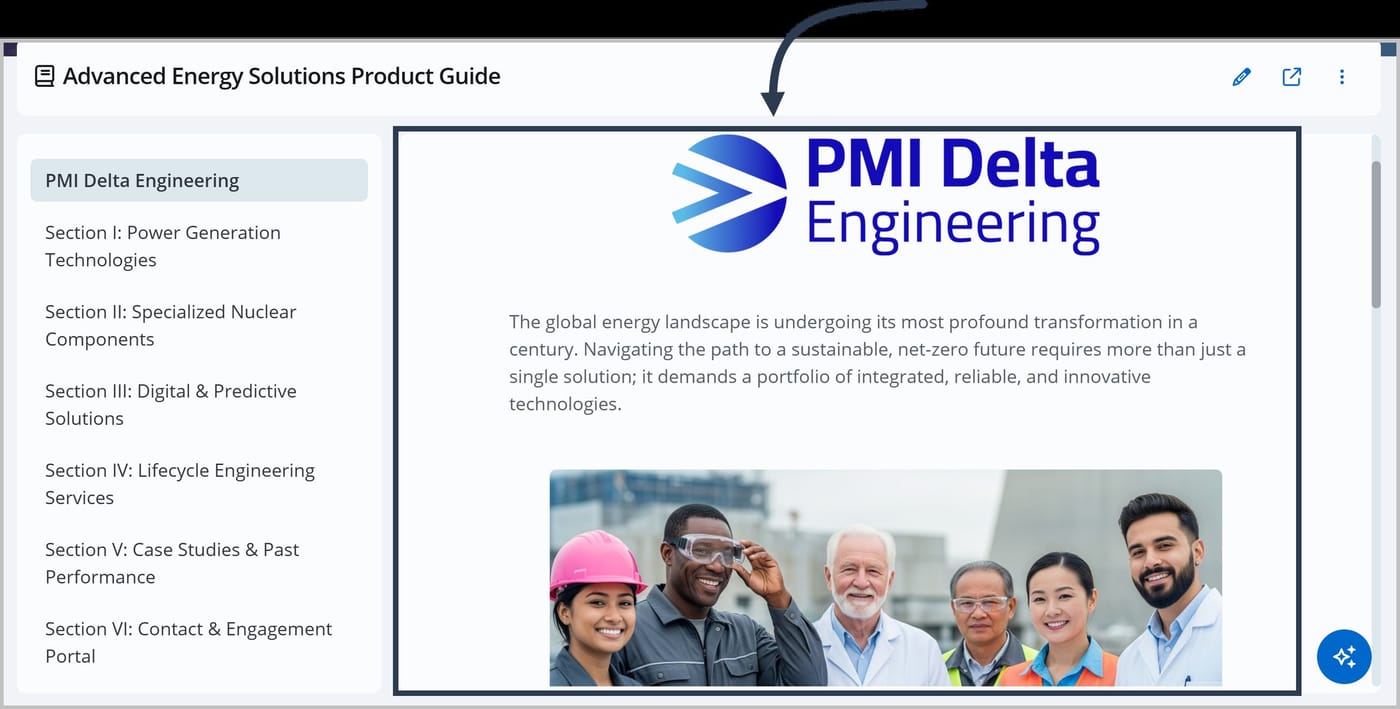 A FlexDoc called Advanced Energy Solutions Product Guide. A box appears around the content on the right side of the FlexDoc, comprised of text and images. An arrow is pointing to the box.