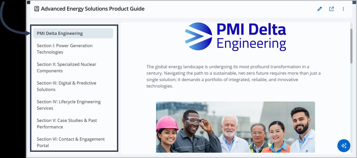 A FlexDoc called Advanced Energy Solutions Product Guide. A box appears around the list of page names on the left side of the FlexDoc. An arrow is pointing to the box.