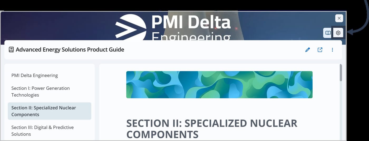 A FlexDoc called Advanced Energy Solutions Product Guide. An arrow is pointing to the Admin View icon in the top right corner of the banner.
