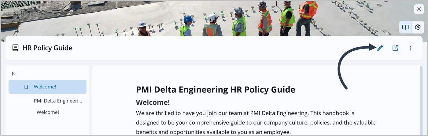 A FlexDoc called HR Policy Guide. An arrow is pointing to the Edit icon.