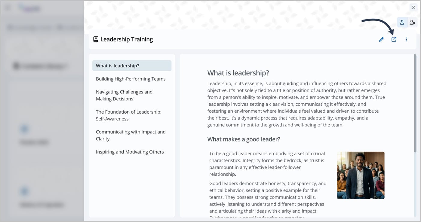 A FlexDoc called Leadership Training. An arrow is pointing to the Open in new tab icon in the FlexDoc header.