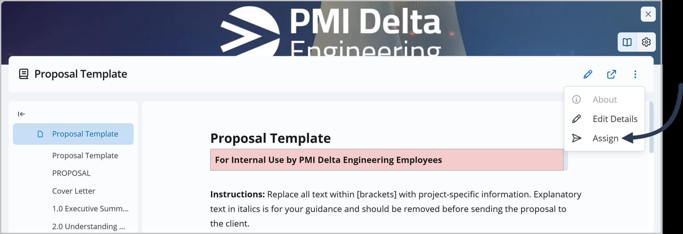 A FlexDoc called Proposal Template. The More Actions menu is open. An arrow is pointing to the Assign option.