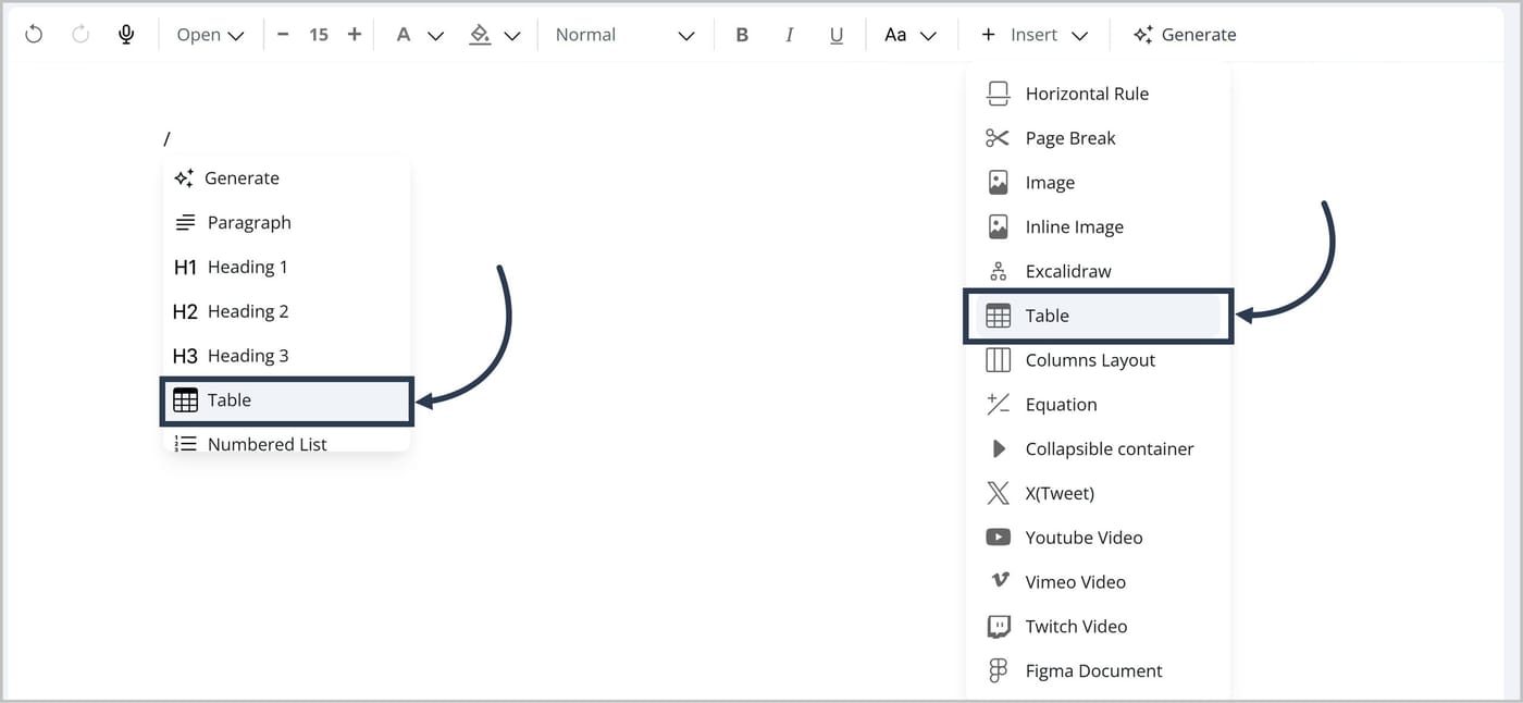 A forward slash typed in the FlexDoc Editor. A dropdown listing different types of blocks is shown. An arrow is pointing to the Table icon. Another arrow is pointing to the Table icon in the toolbar in the FlexDoc Editor.