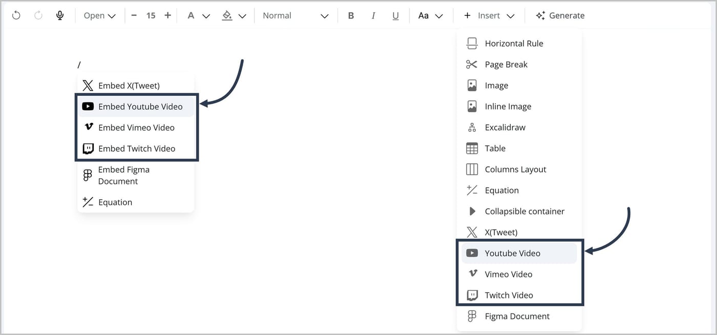 A forward slash typed in the FlexDoc Editor. A dropdown listing different types of blocks is shown. An arrow is pointing to the options Embed Youtube Video, Embed Vimeo Video, and Embed Twitch Video. Another arrow is pointing to the Youtube Video, Vimeo Video, and Twitch Video options in the Insert menu in the main toolbar.
