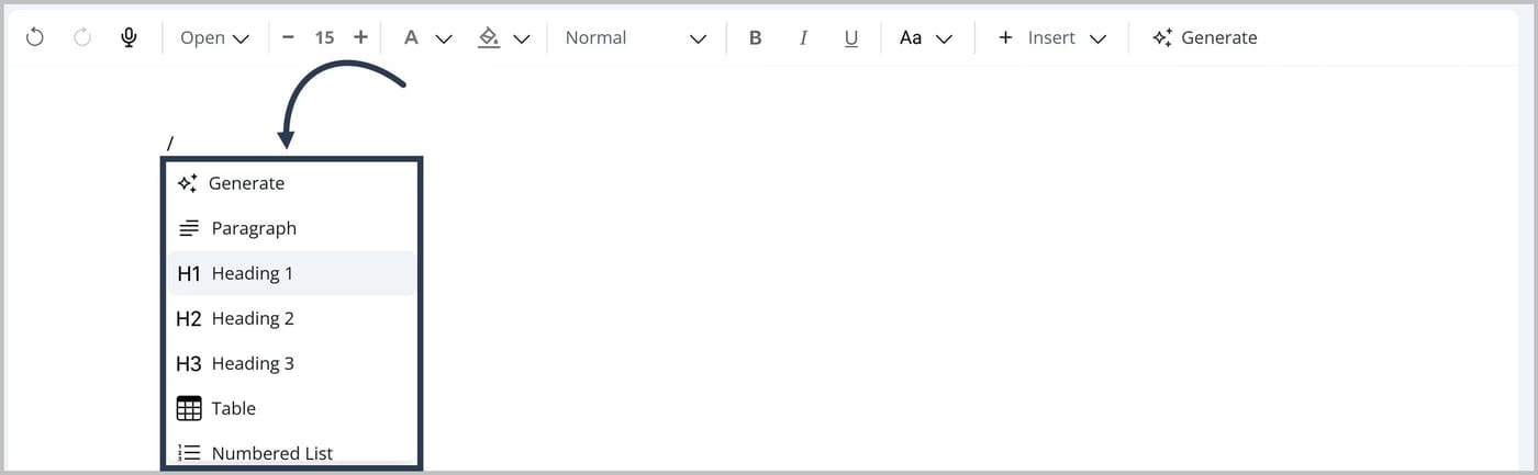 A forward slash typed in the FlexDoc Editor. A dropdown listing different types of blocks is shown.