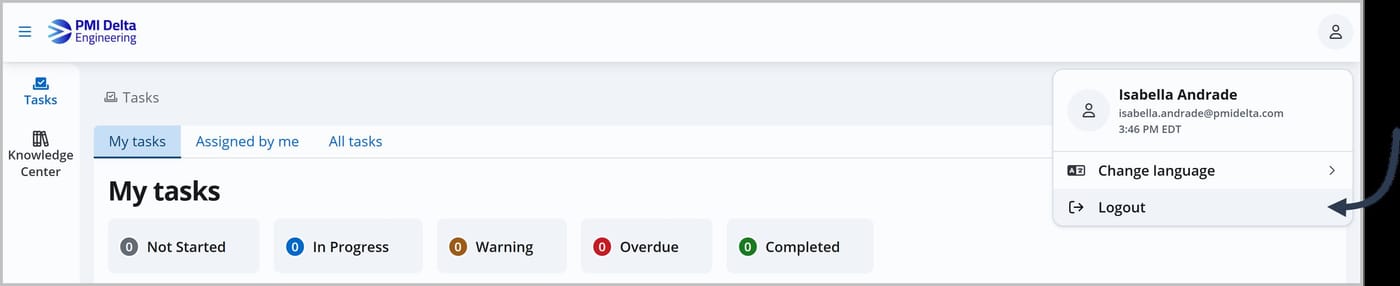 A menu is shown after clicking the user profile icon. An arrow is pointing to the Logout option.