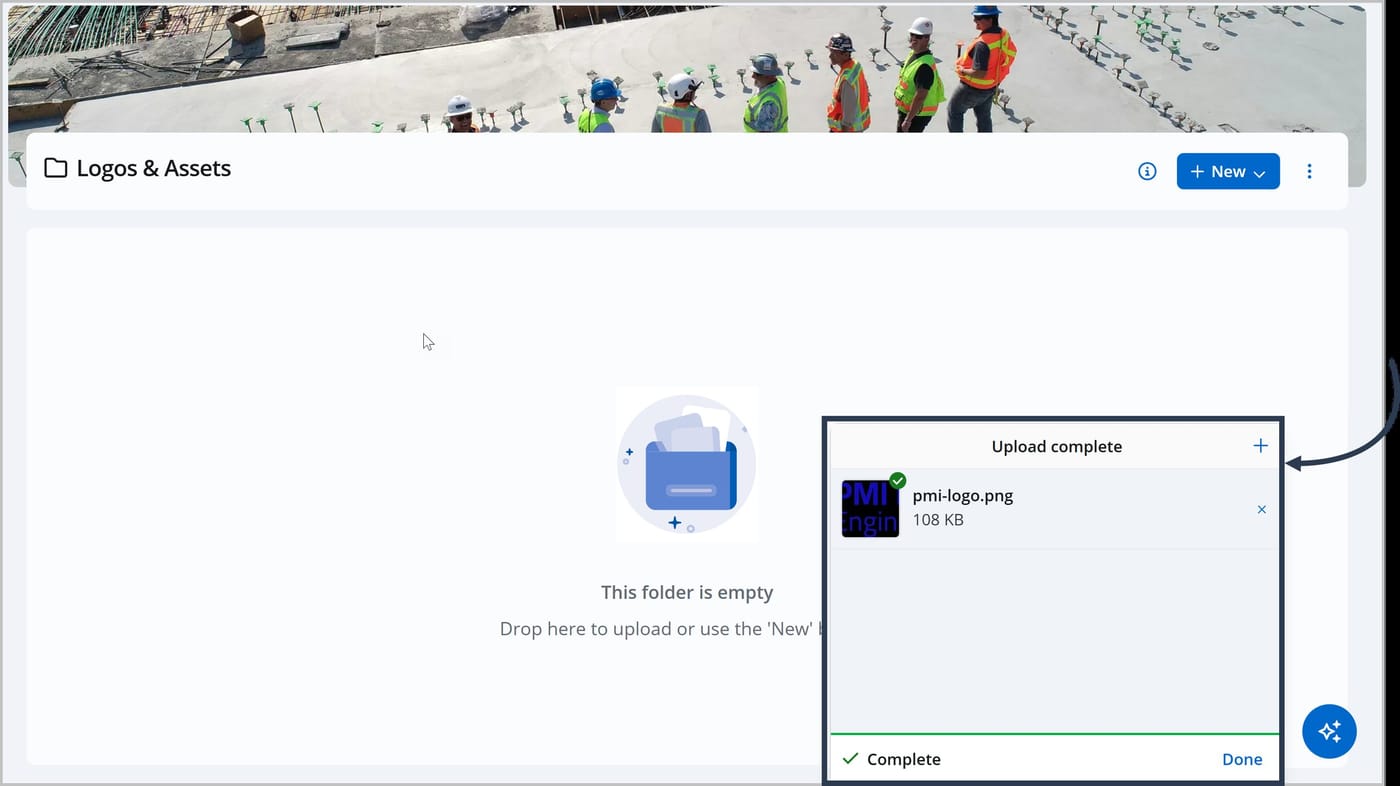 A modal appears showing the upload progress. The modal displays the file name, PlanetaryWindGearbox.png, and its size, 2.9 MB. Below the file name, a progress bar shows that the upload is complete. An arrow points to the Done button at the bottom of the modal.
