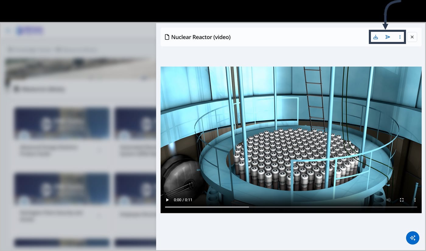 A panel overlaying the Knowledge Center, showing a video. An arrow is pointing to three icons in the top-right corner: a Download icon, an Assign icon, and a More Actions icon.