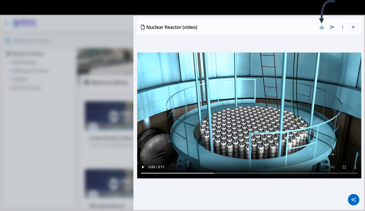 A panel previewing a video file titled "Nuclear Reactor" is shown. An arrow is pointing to the Download icon.