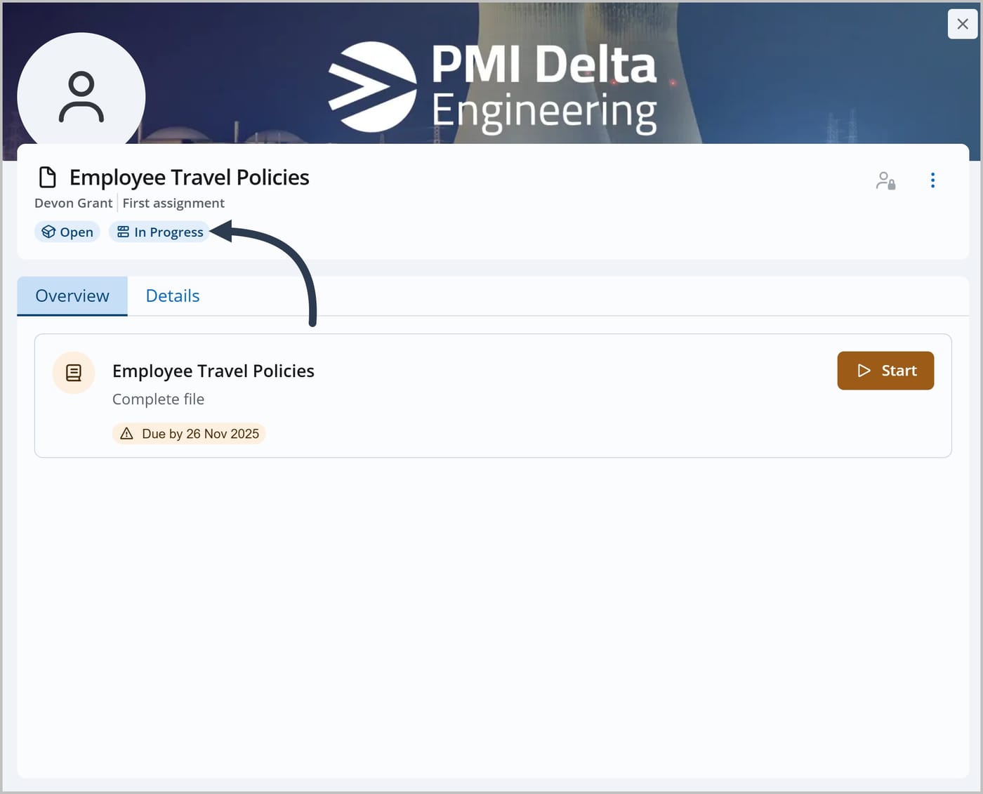 A panel showing the Overview tab for a task. An arrow points to the stage that says "In Progress."