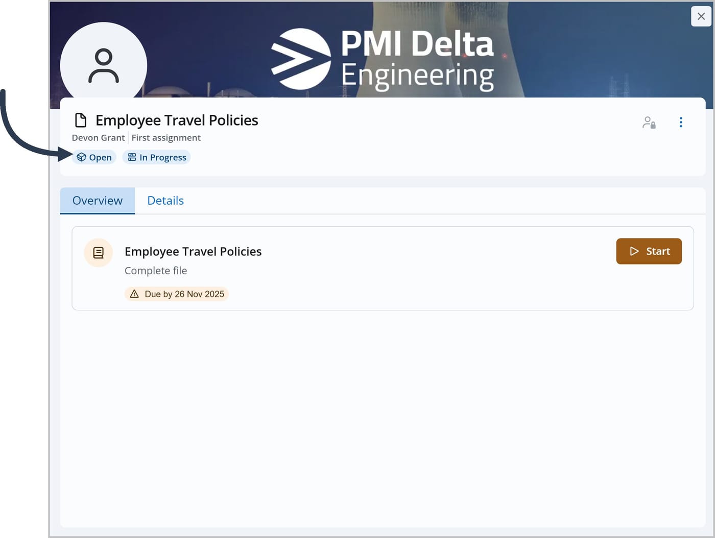 A panel showing the Overview tab for a task. An arrow points to the status that says "Open".