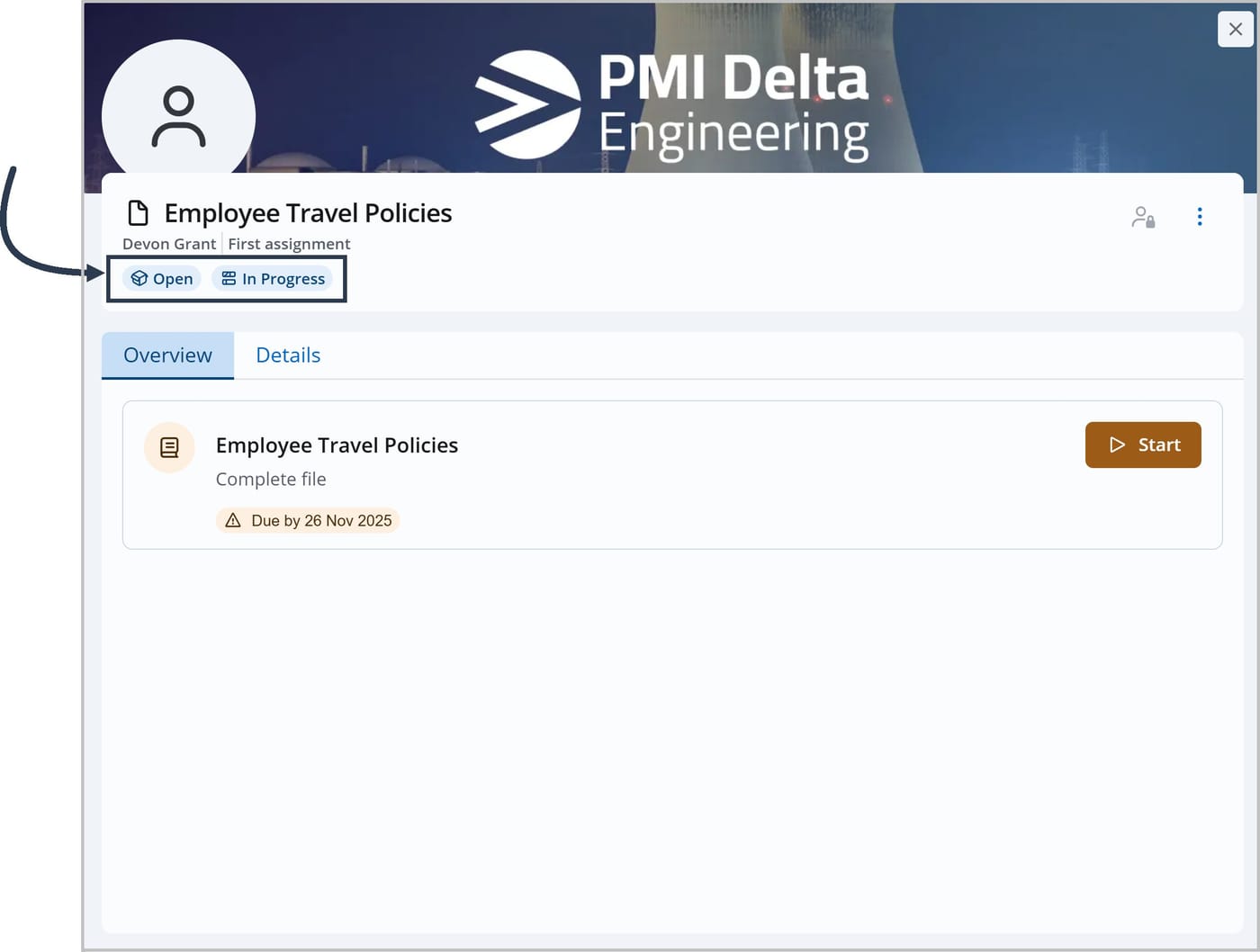 A panel showing the Overview tab for a task. An arrow points to the text that says "Open" and "In Progress."