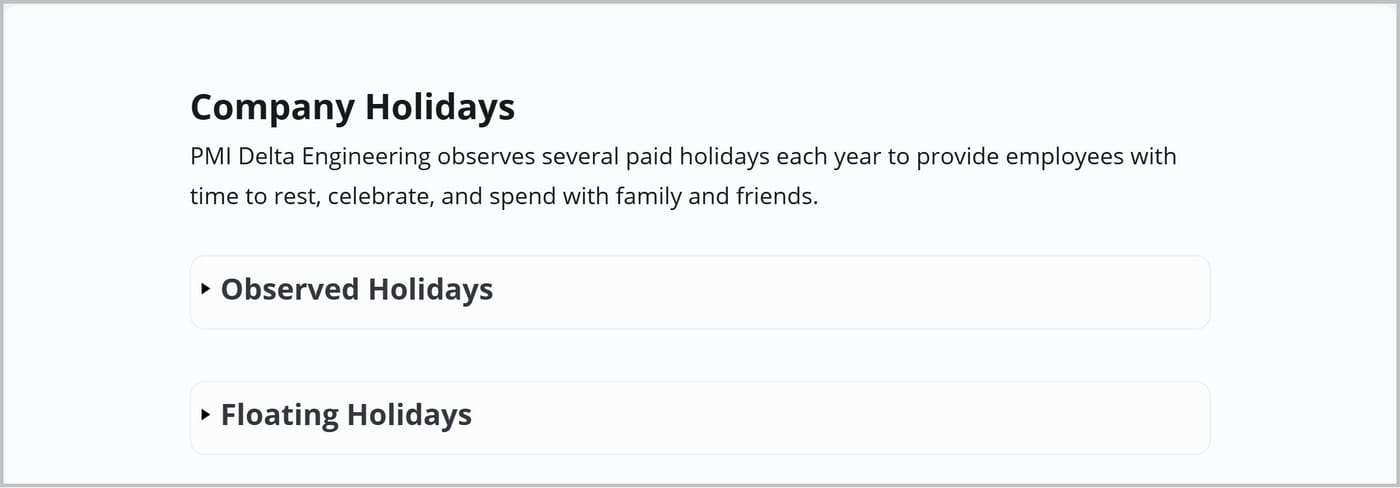 A section of a page titled Company Holidays. Below the text are two closed collapsible containers labeled Observed Holidays and Floating Holidays.