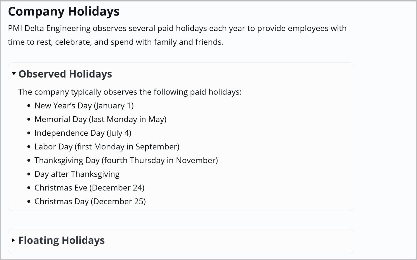 A section titled Company Holidays. An arrow points to the arrow icon beside the Observed Holidays heading. The container is open to reveal a list of holidays.