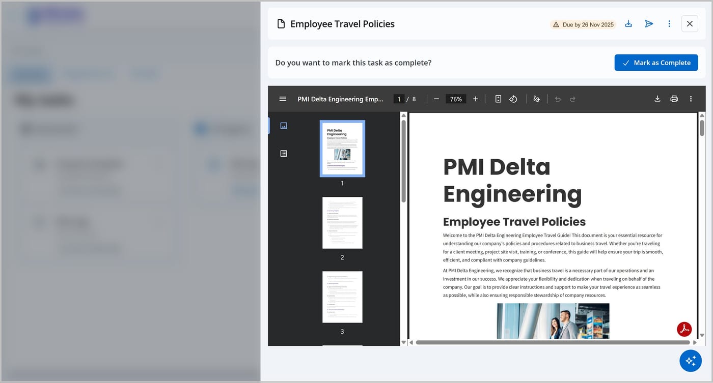 A task displaying a document called Employee Travel Policies. A banner above the document asks Do you want to mark this task as complete beside a Mark as Complete button.