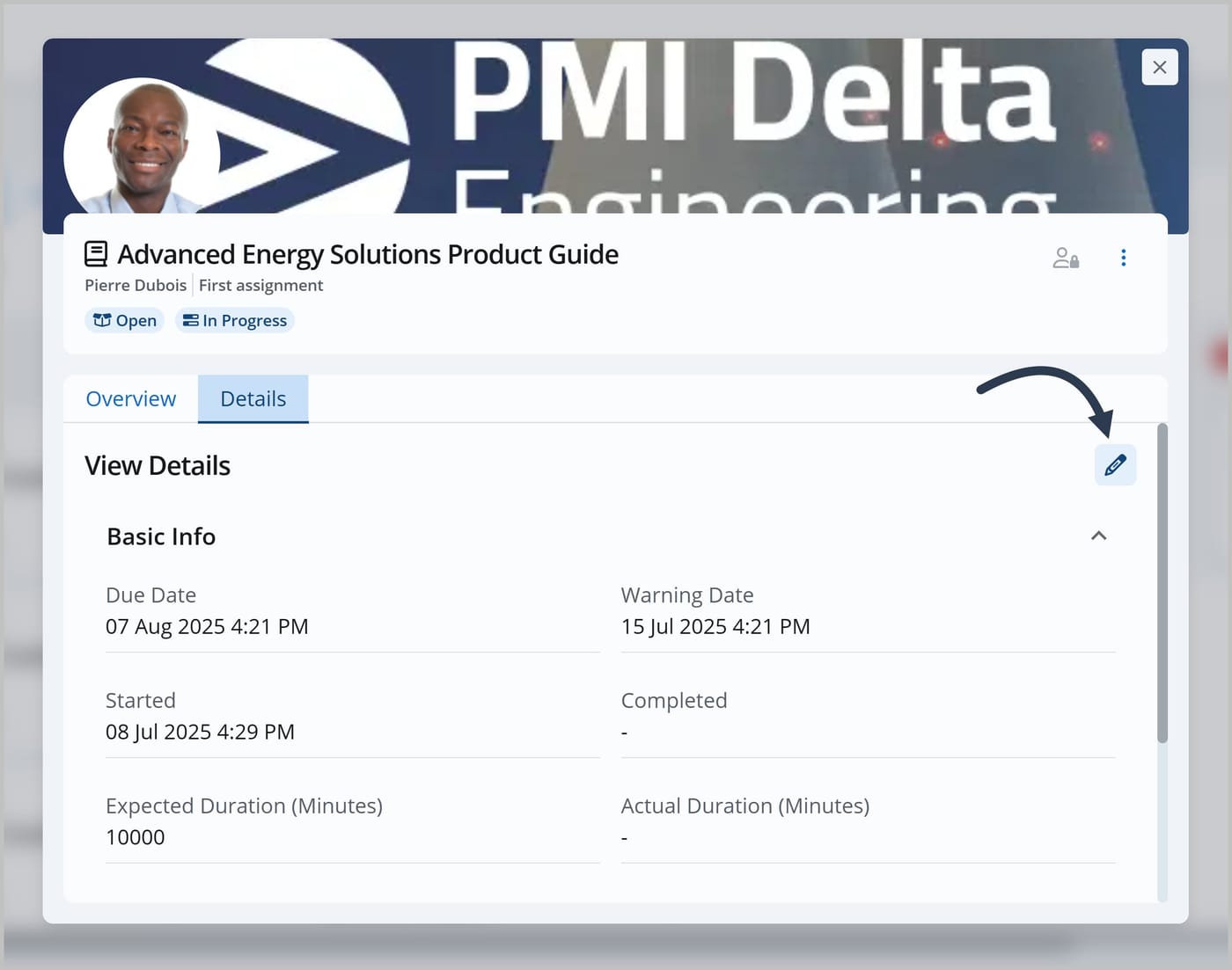 A task in Joy. The task is to read a FlexDoc called Advanced Energy Solutions Product Guide and is assigned to Pierre Dubois. The Details tab is shown with an arrow pointing to the Edit icon.