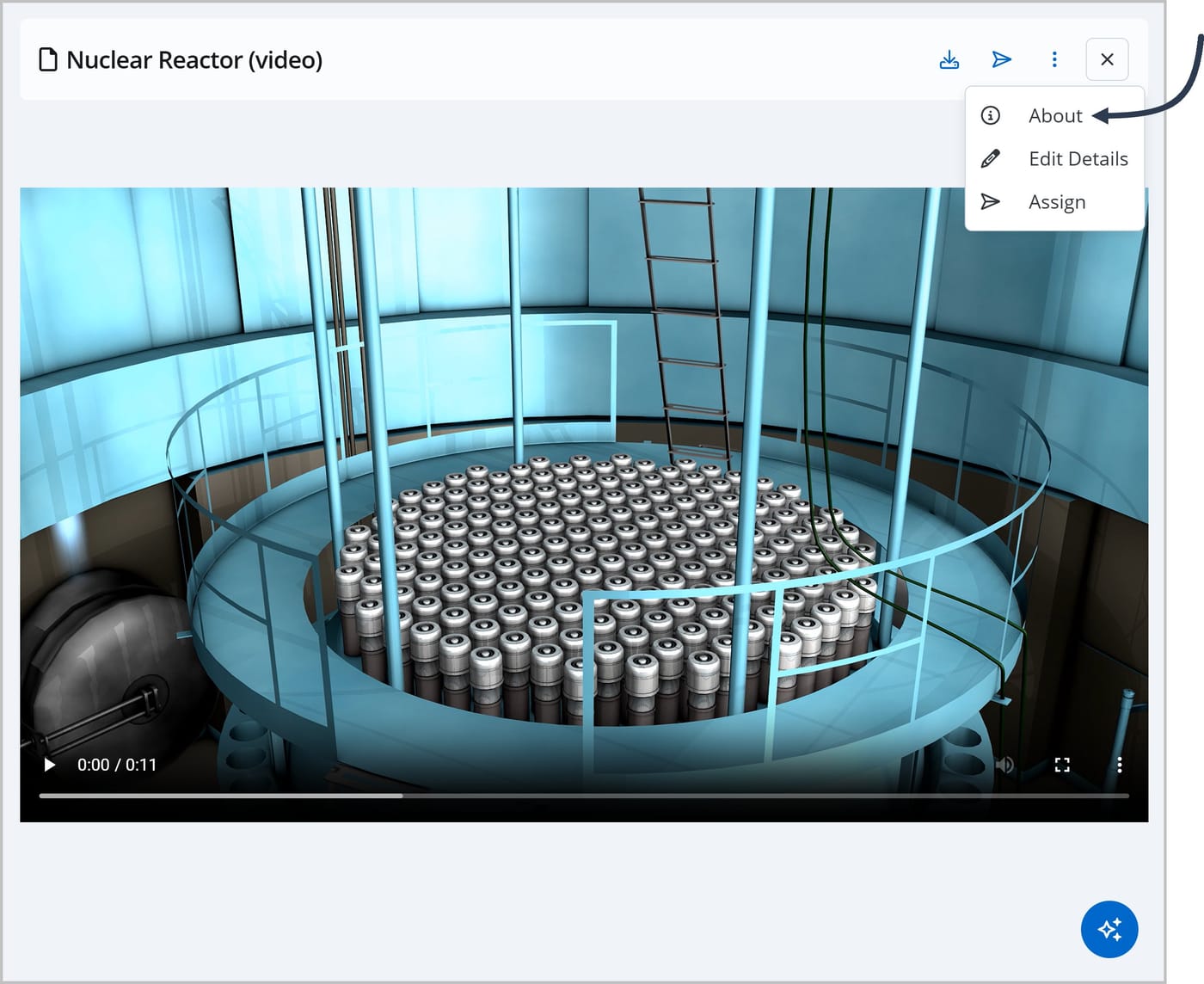 A video file preview panel titled Nuclear Reactor \(video\). The More Actions icon at the top right of the panel is clicked, showing a dropdown menu with the selected option, About, along with Edit Details and Assign.