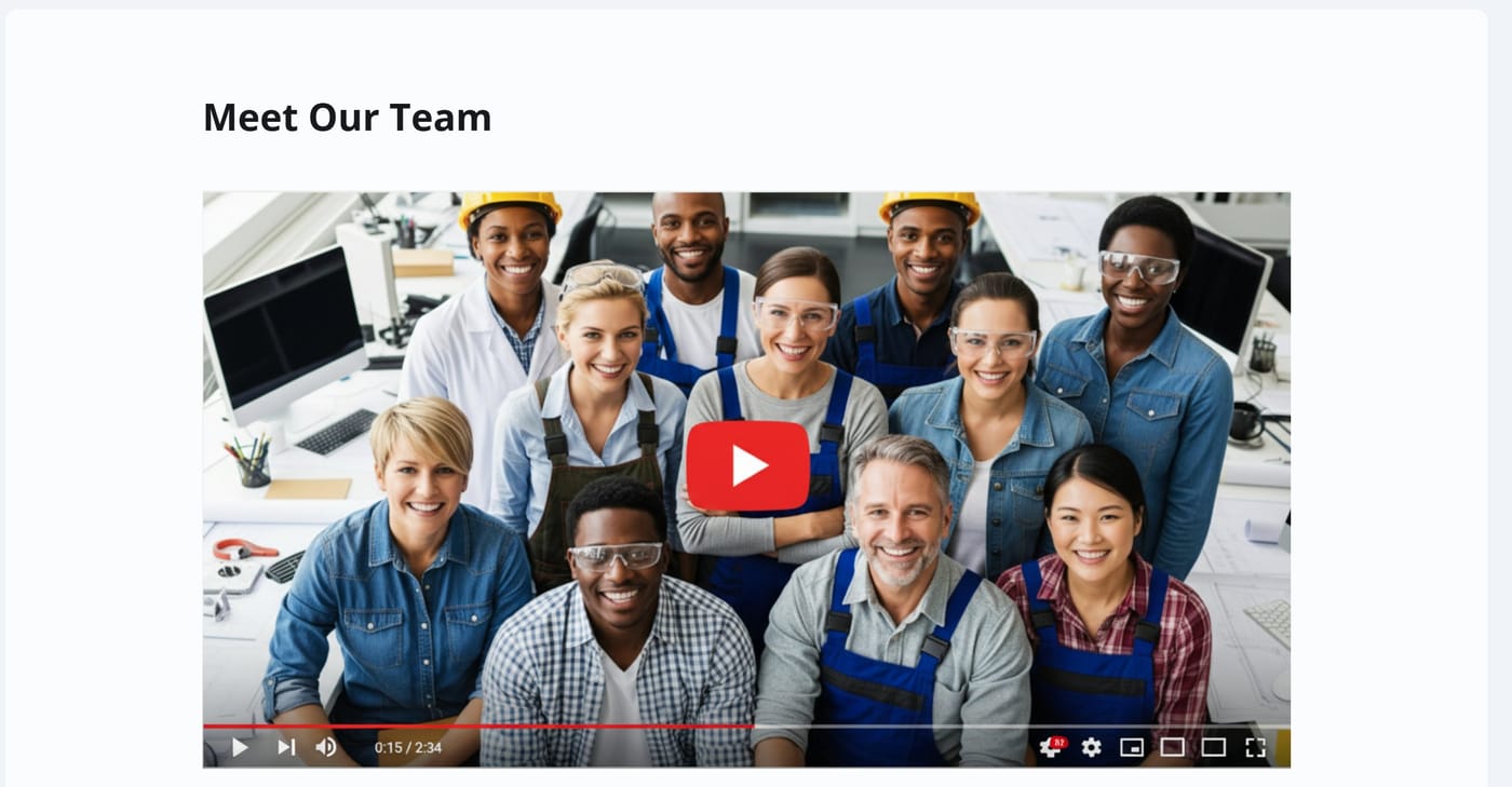 A video titled Meet Our Team embedded in a FlexDoc. The player features a large central play button and a toolbar at the bottom with options to play, adjust volume, and view full screen.