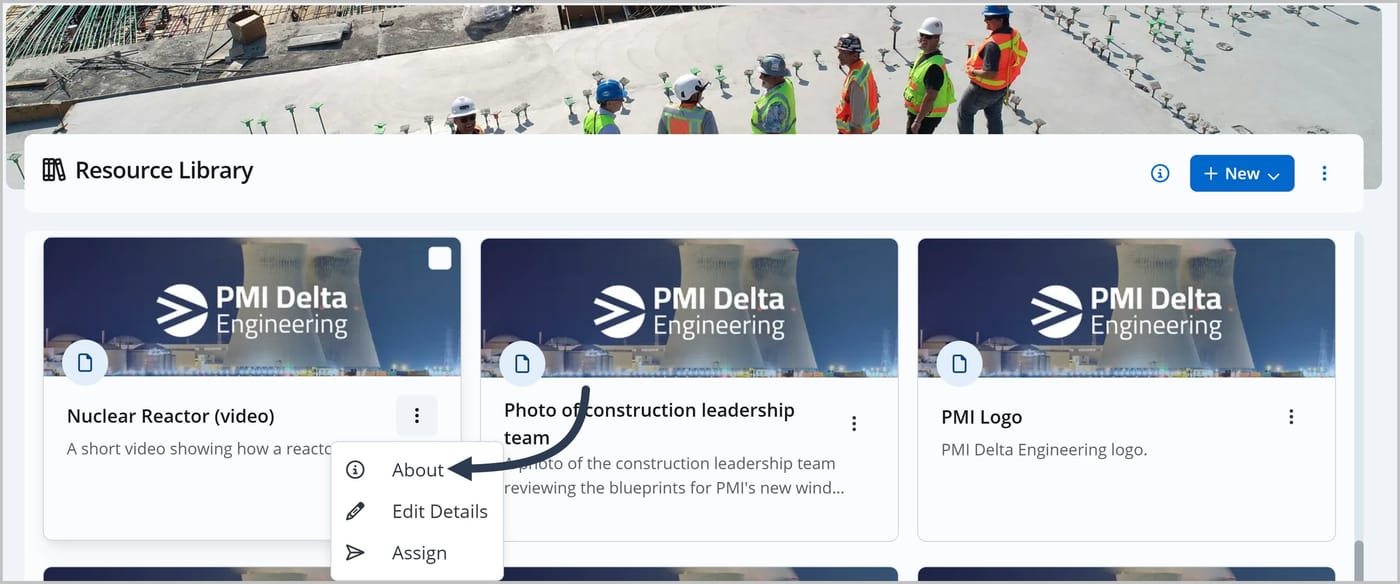 Alt text: The Knowledge Center with several cards displayed. An arrow points to the More Actions icon on the Nuclear Reactor \(video\) card, which is open to reveal options including the selected option, About, as well as Edit Details and Assign.