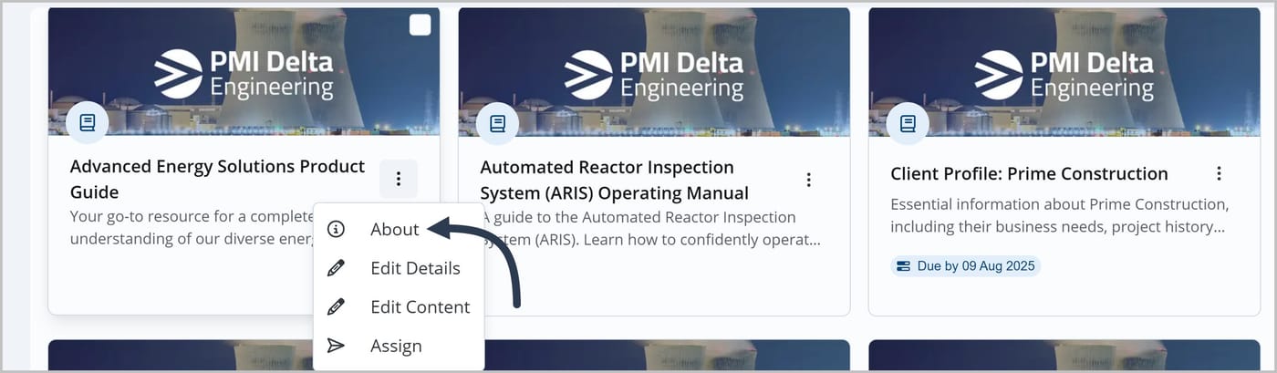 An open More Actions menu on a FlexDoc card in the Knowledge Center showing About, Edit Details, Edit Content, and Assign options. An arrow points to the About option.