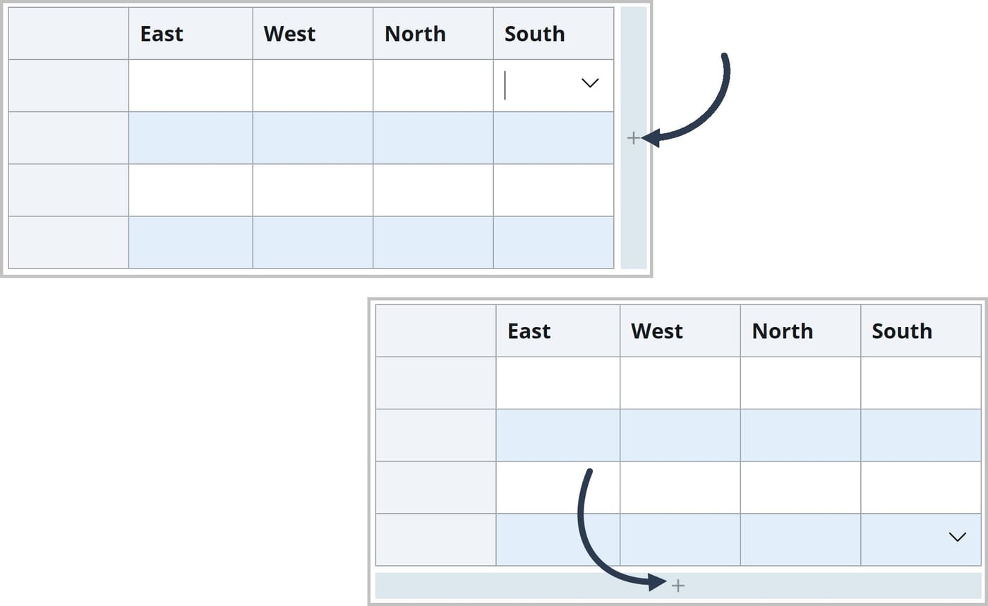 Tables in the FlexDoc Editor are shown. In the top example, an arrow points to a plus icon on the right edge of the table. In the bottom example, an arrow points to a plus icon at the bottom of the table.