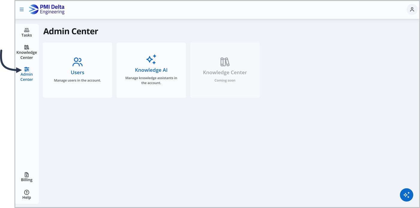 The Admin Center with an arrow pointing to the Admin Center option in the main menu on the left side of the screen.