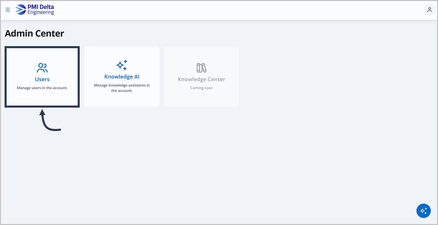 The Admin Center with an arrow pointing to the Users card.