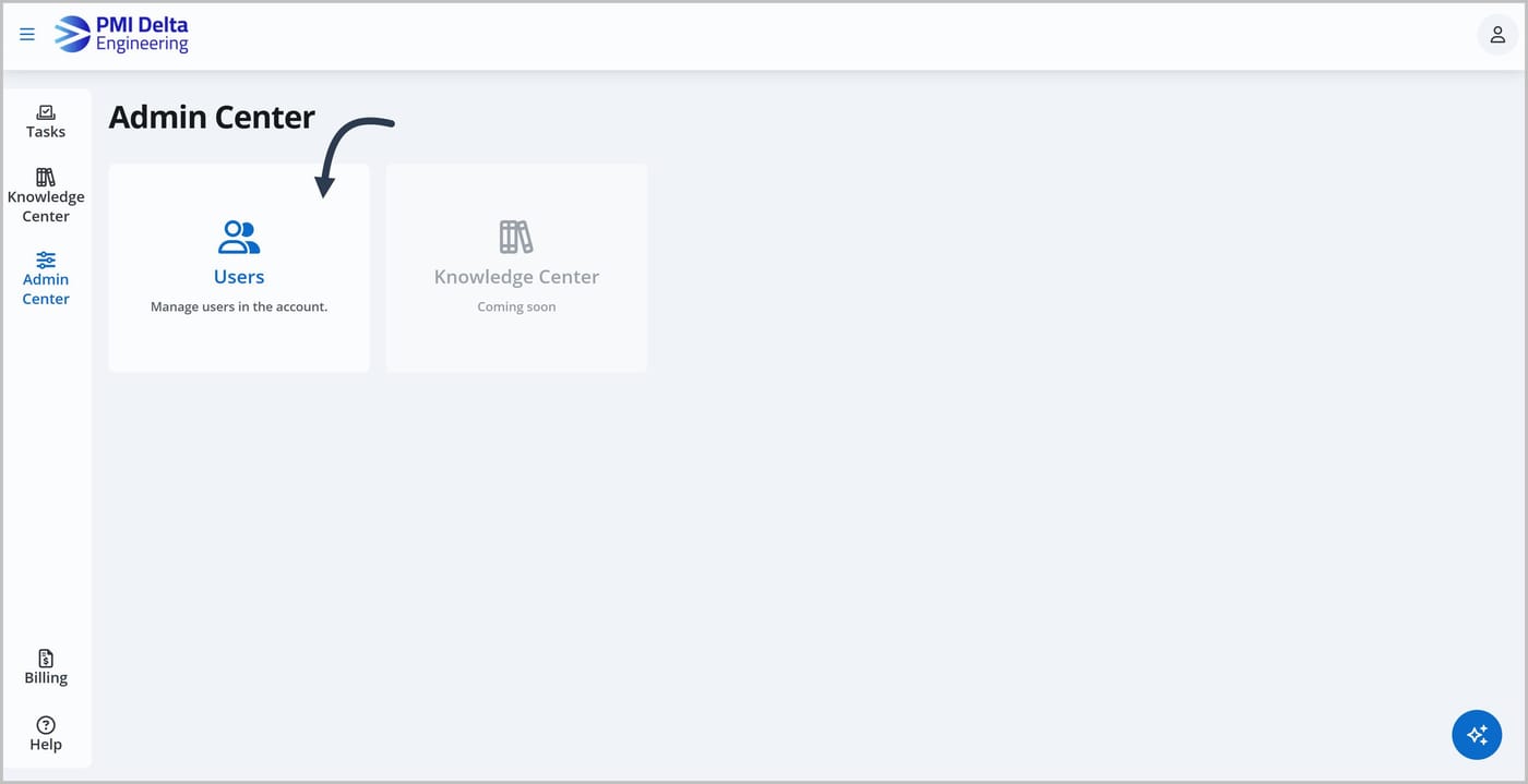 The Admin Center with an arrow pointing to the Users card.