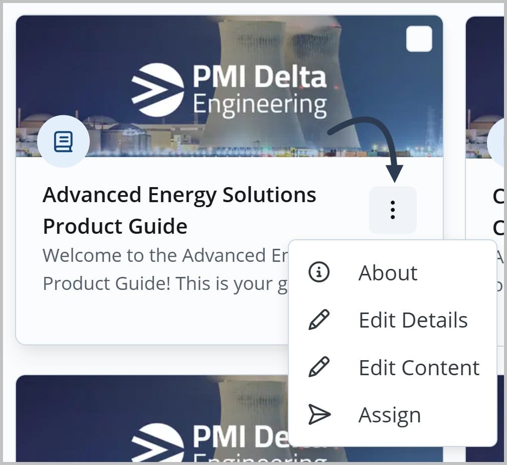 The asset card for the Advanced Energy Solutions Product Guide FlexDoc. An arrow points to the More Actions icon on the card, which is open to reveal options such as About, Edit Details, Edit Content, and Assign.