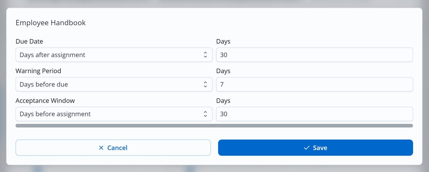 The Asset Options modal. Several editable fields are shown to customize the asset's due date, warning period, and acceptance window.