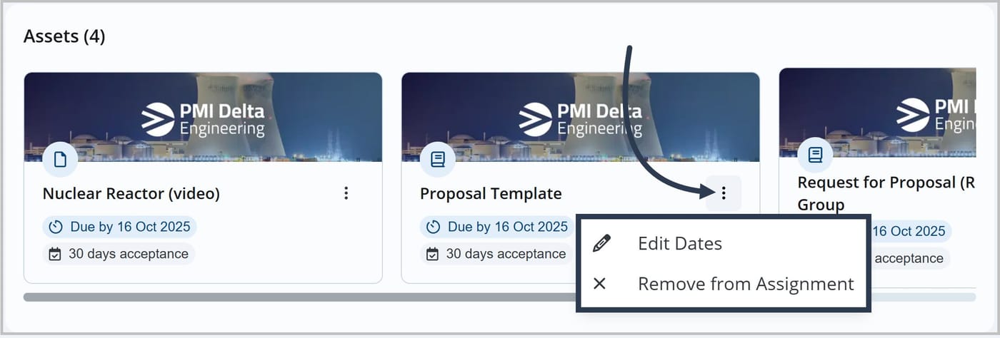 The Assets section of the Assign modal. An arrow is pointing to the More Actions icon. A dropdown is displayed with two options: Edit Dates and Remove from Assignment.
