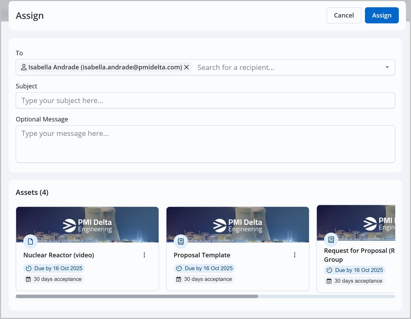 The Assign window. Several asset cards are shown as well as fields for To, Subject, and Optional Message. There are also Assign and Cancel buttons.