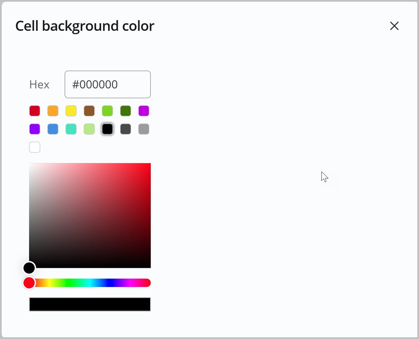 The Cell background color window. A Hex field, color swatches, and a color picker are shown.