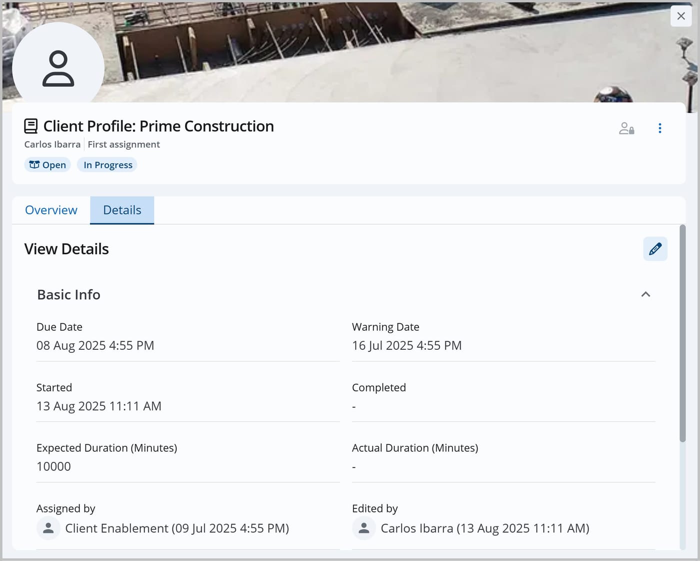 The Details tab for a task. The Basic Info section is shown with information about the due date, start date, and who it was assigned by. An Edit icon is near the top of the tab.