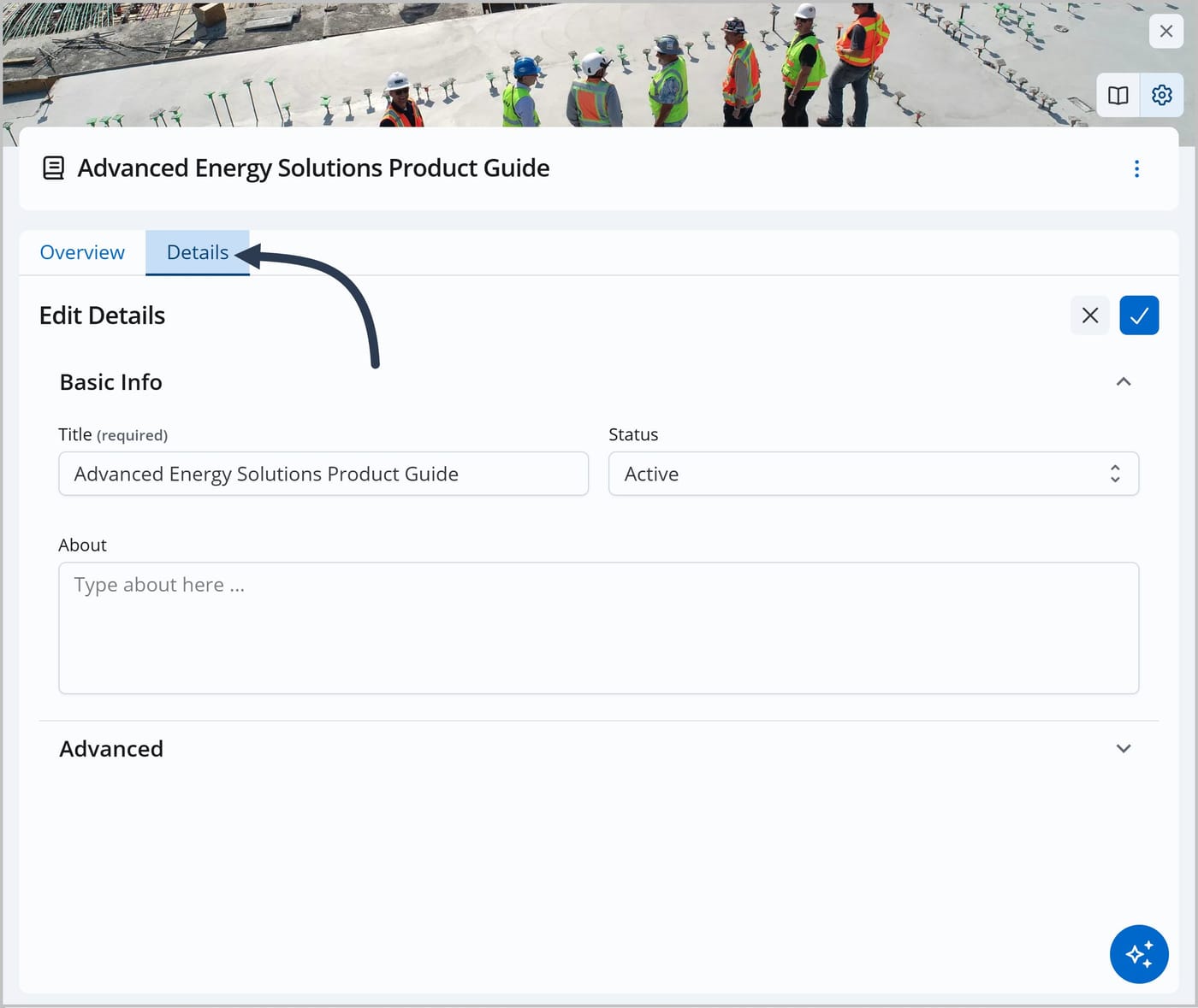 The details tab of a FlexDoc’s Admin panel. The Title field is filled in with "Advanced Energy Solutions Product Guide" and the Status is "Active".