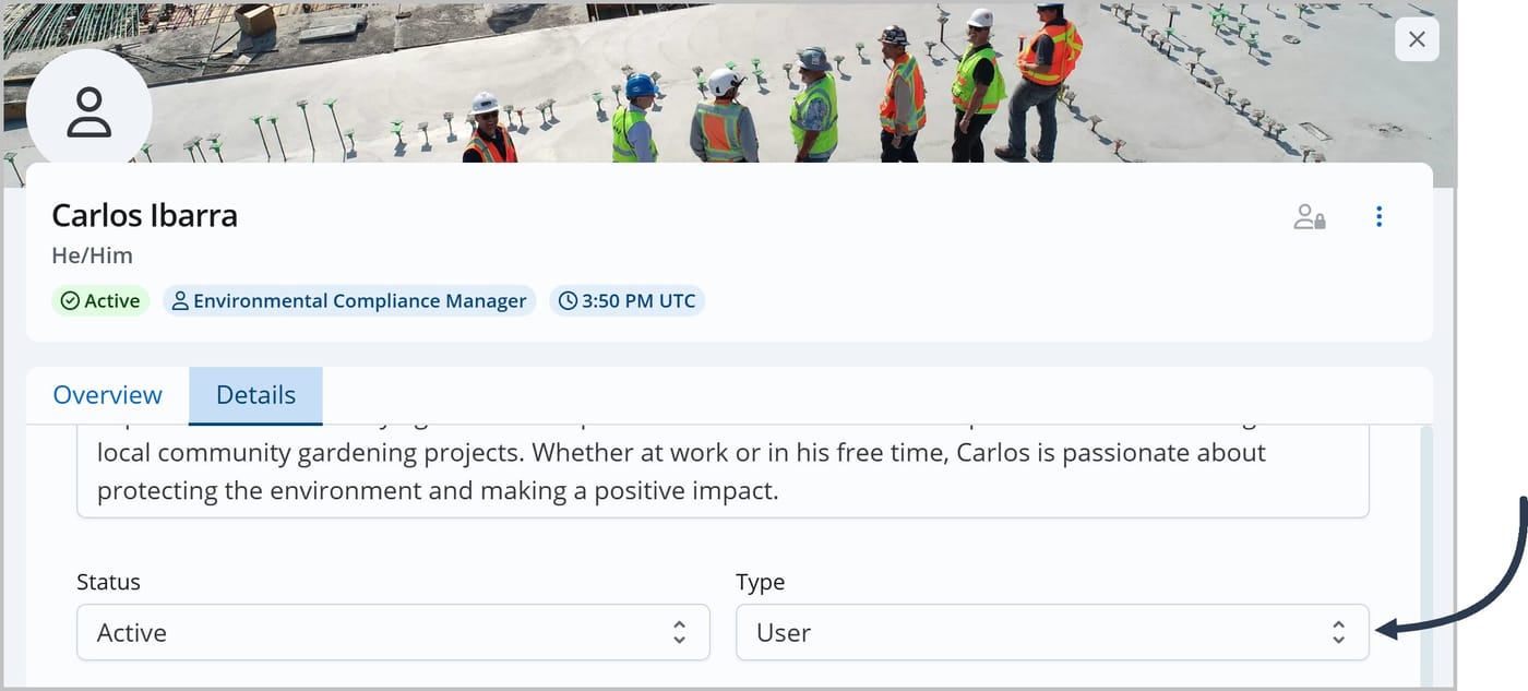 The Details tab of a user's profile. An arrow is pointing to the dropdown menu for the user's Type.
