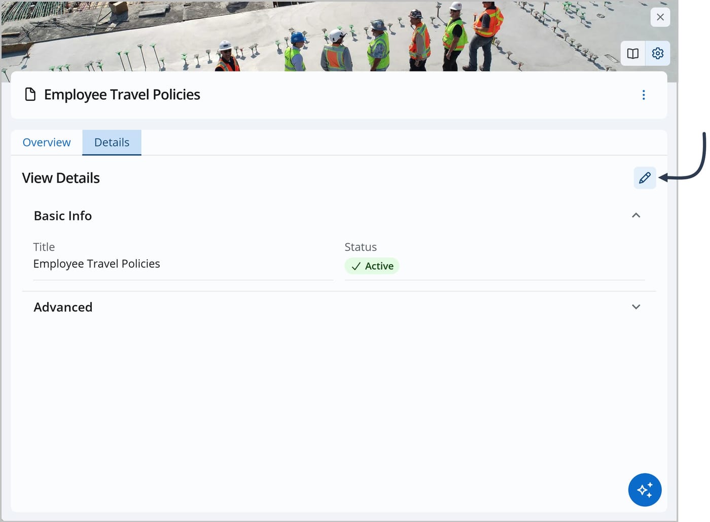 The Details tab of the File Admin panel. An arrow is pointing to the Edit icon.