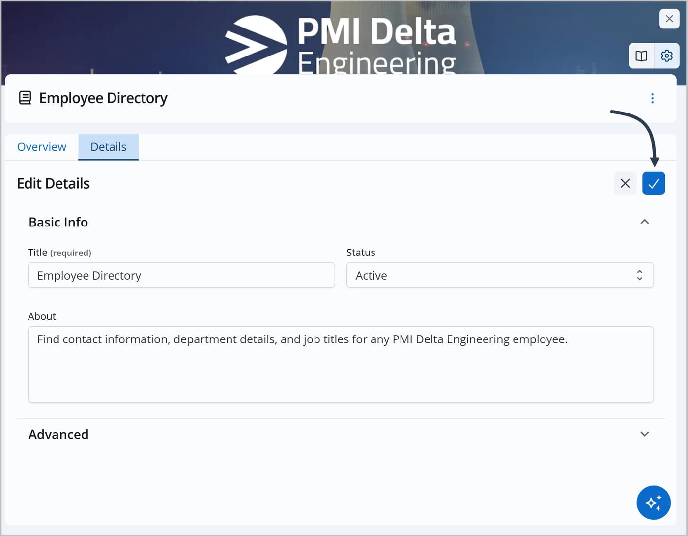 The Details tab of the File Admin panel. An arrow is pointing to the Save icon.