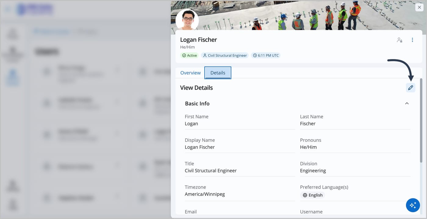 The Details tab of the User Admin panel. An arrow is pointing to the Edit icon.
