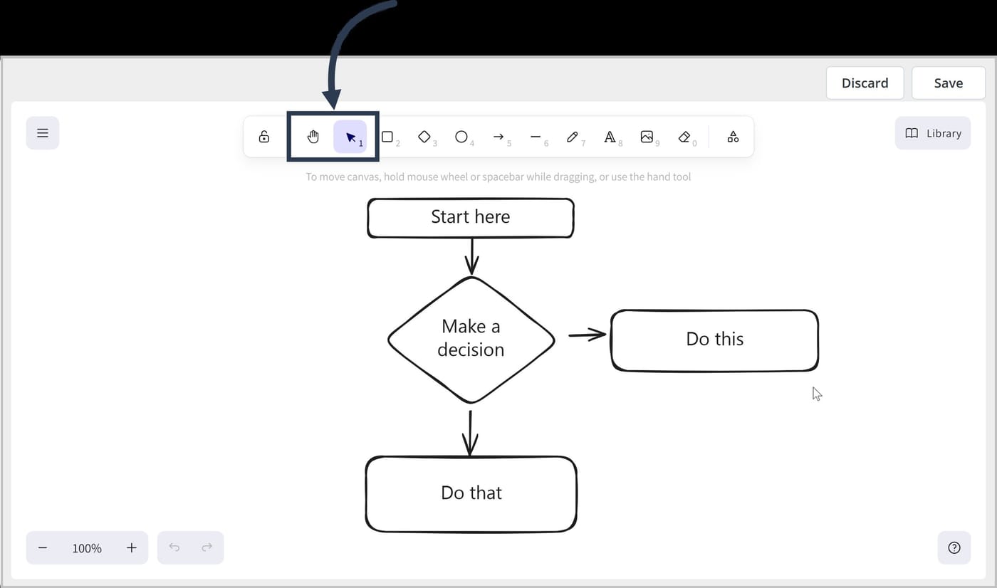 The diagram editor. A box appears around the Hand and Selection icons in the toolbar. An arrow is pointing to the box.