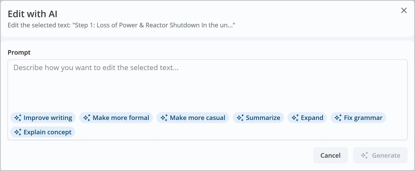 The Edit with AI window. A prompt field is shown above several option buttons, including Improve writing, Make more formal, Make more casual, Summarize, Expand, Fix grammar, and Explain concept.