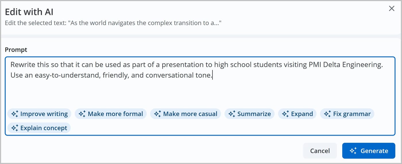 The Edit with AI window. The Prompt field contains a request to rewrite text for a high school presentation using a friendly tone. Several options are shown below the field including Improve writing and Make more casual alongside a button that says Generate.